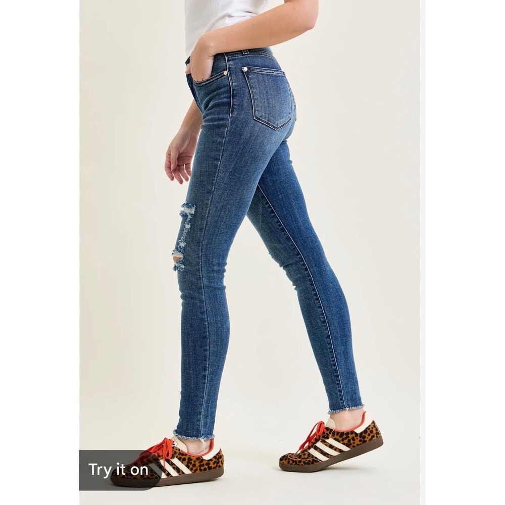 Judy Blue Boyfriend Jeans Distressed Plaid Patch Dark Wash‎ Denim Size 5/27